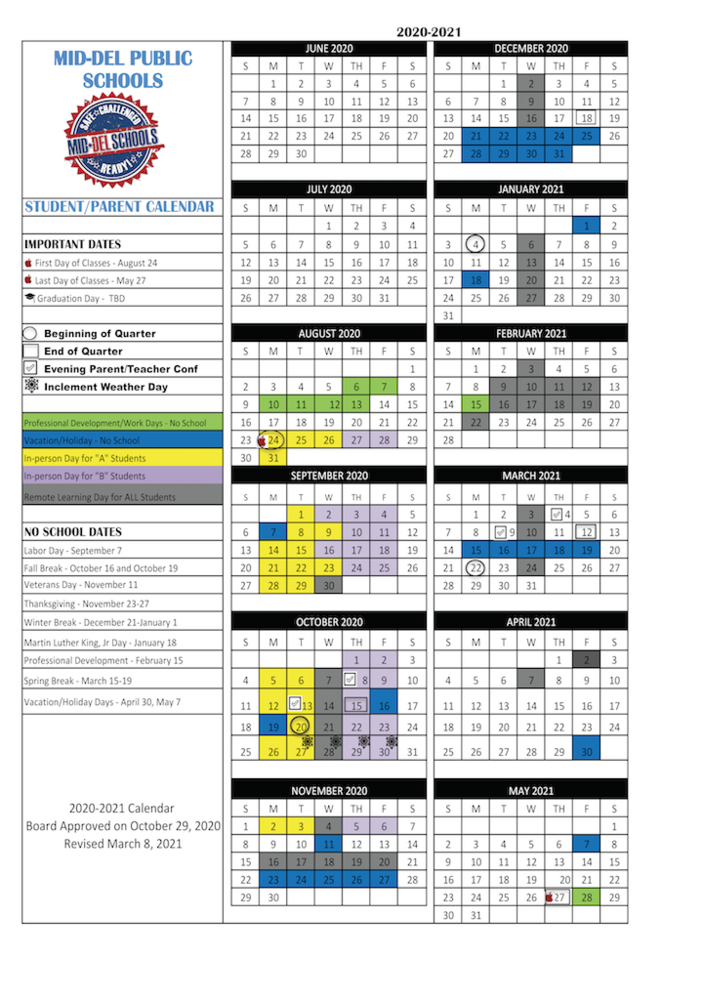 Changes to 2020-2021 Mid-Del School Calendar 