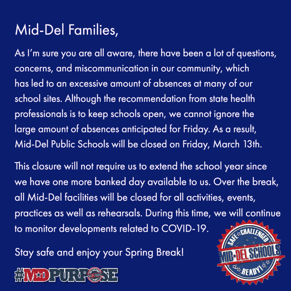 Mid-Del is Closed on Friday, March 13, 2020