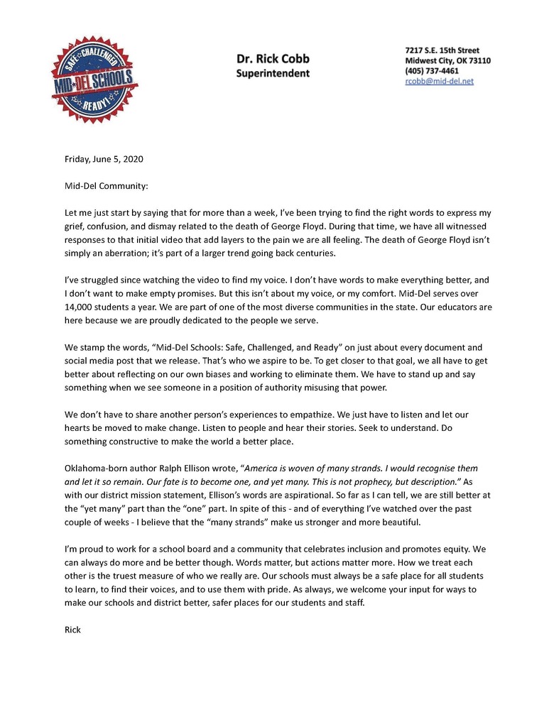 Message from Dr. Rick Cobb, Superintendent of Schools