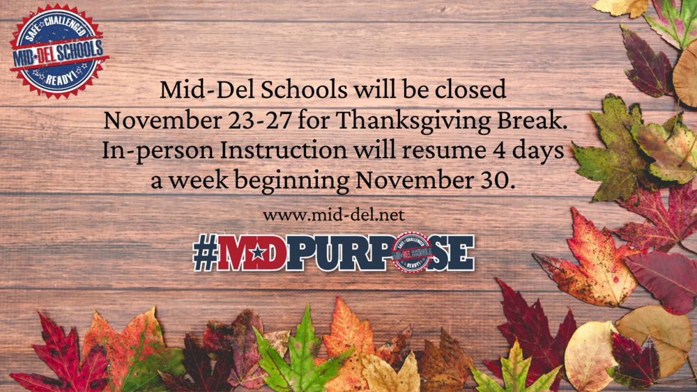 Thanksgiving Break November 2327, 2020 MidDel School District