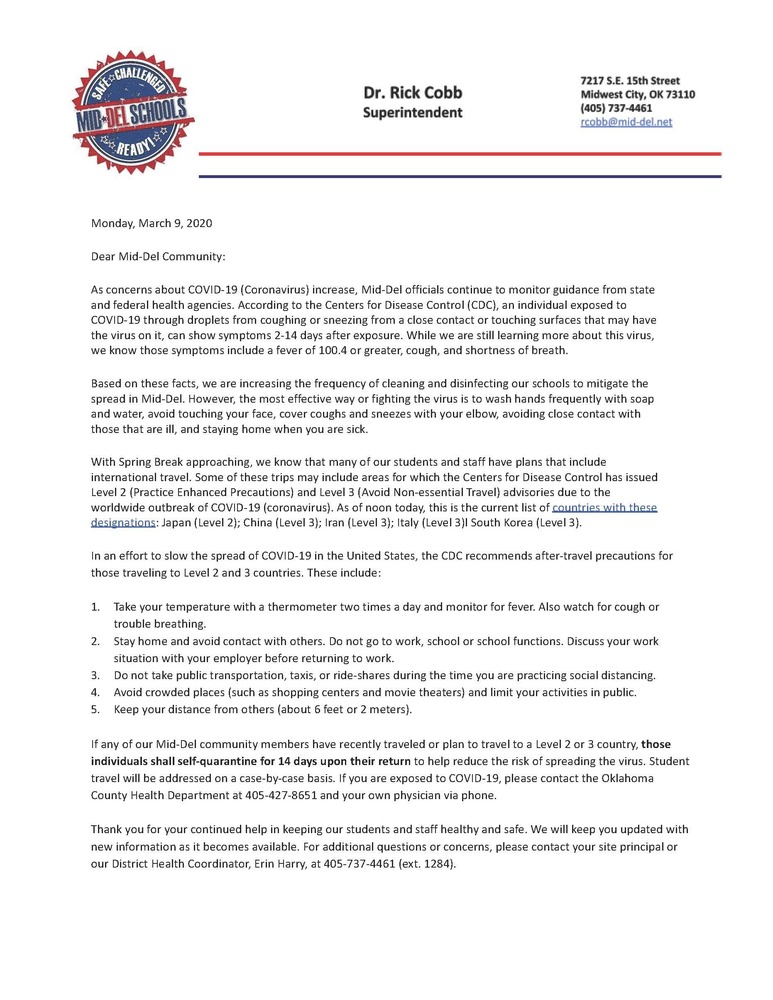 COVID-19 (Coronavirus) Update 3-9-2020