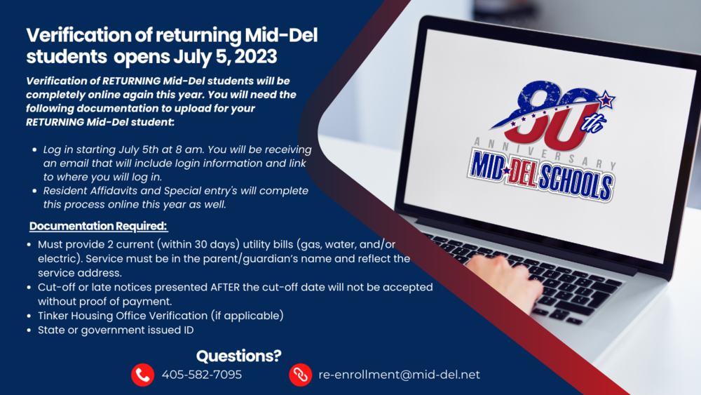 Verification of Returning Mid-Del Students begins July 5, 2023