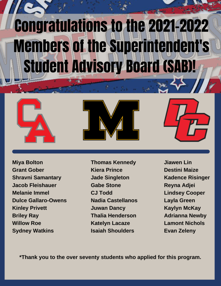 Congratulations to the 2021-22 Superintendent's Student Advisory Board