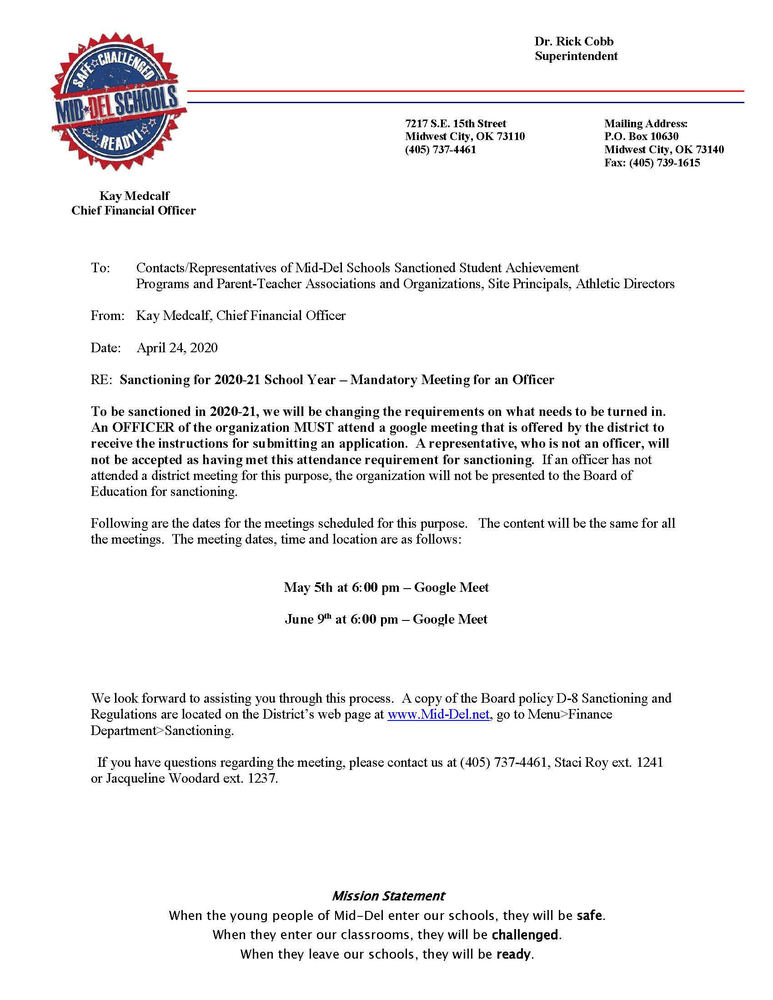 Sanctioning Meetings for the 2020-2021 School Year