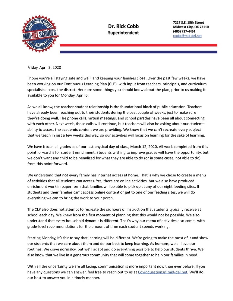 Update from Dr. Cobb 4-3-2020