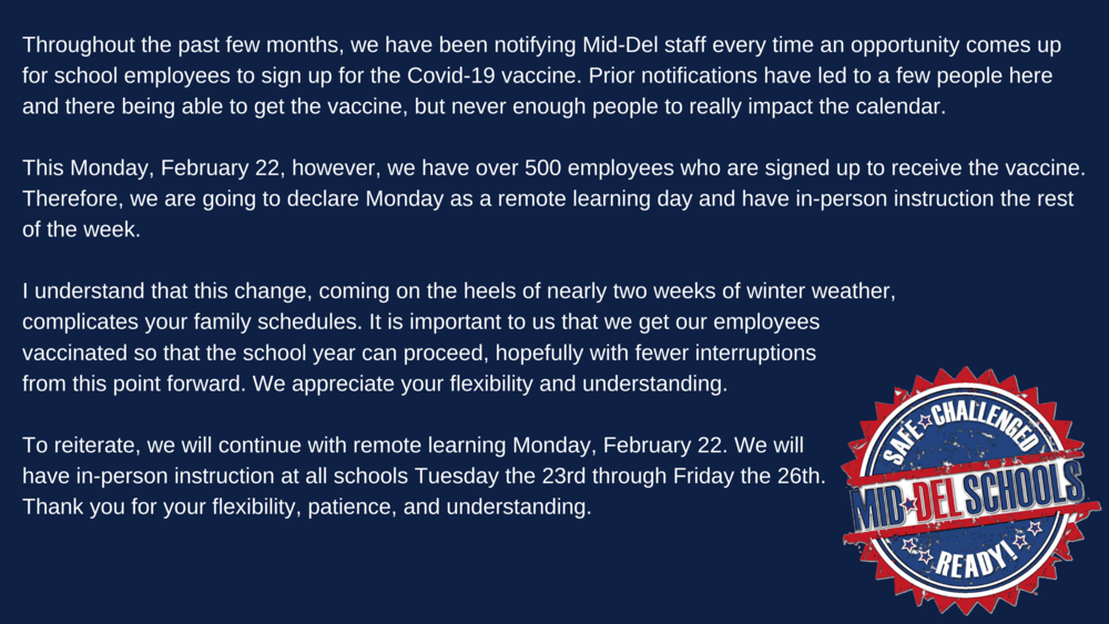 Remote Learning Day Monday, February 22, 2021
