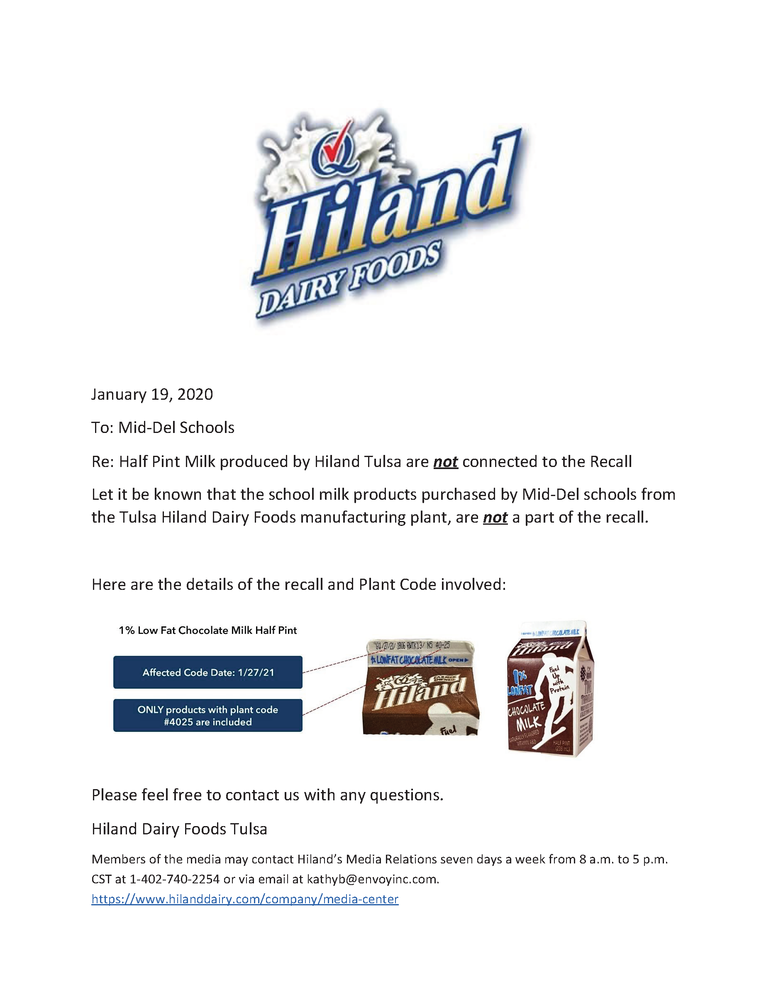 Milk Products Purchased by Mid-Del Schools are NOT Part of the Recall