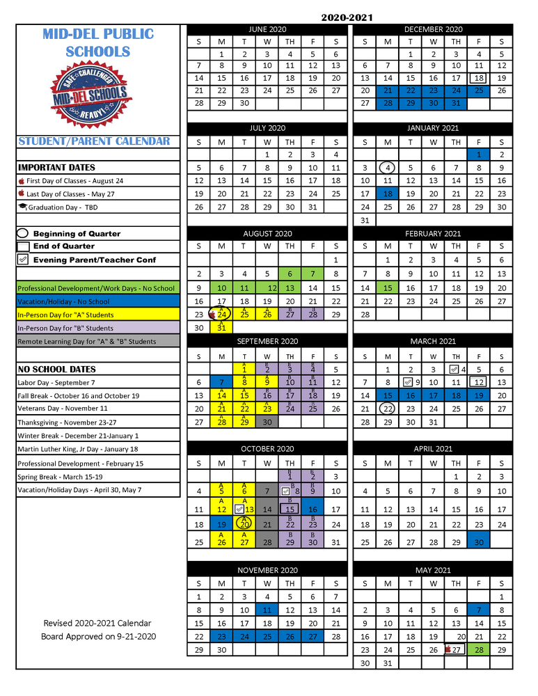 Revised 2020-2021 School Year Calendar - Approved 9/21/2020