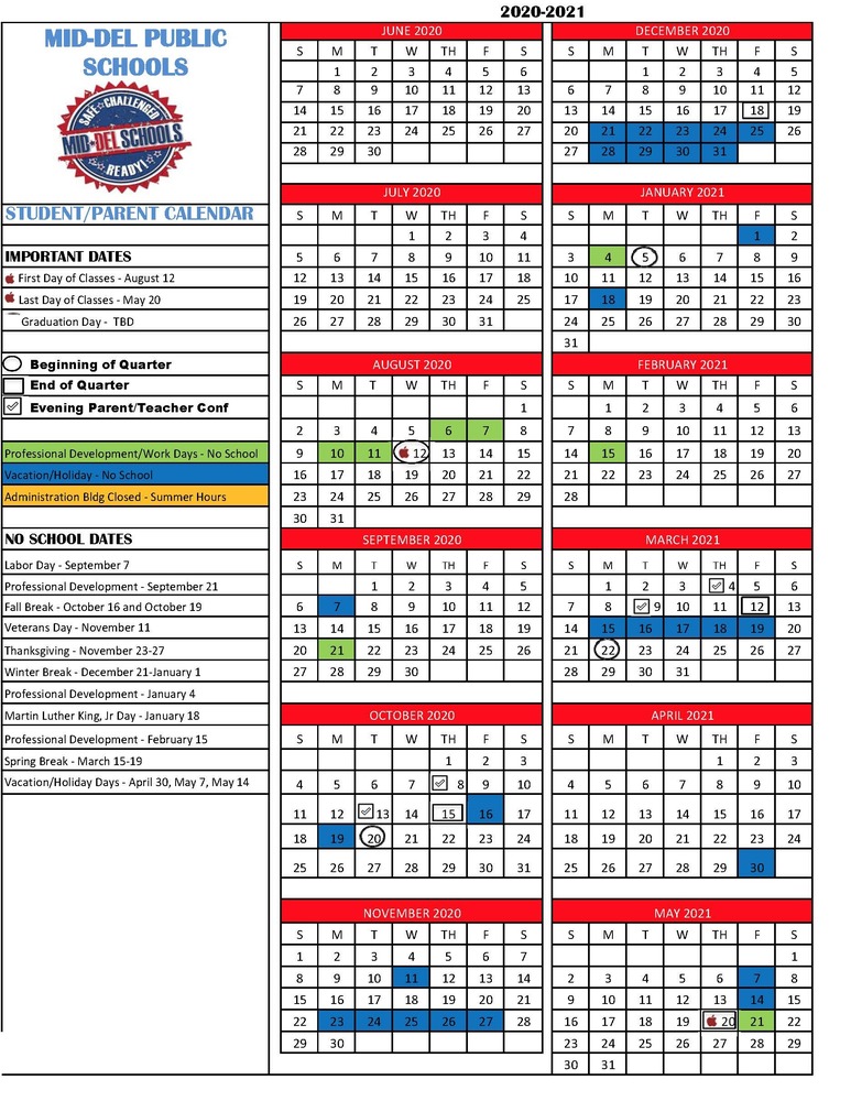 Oklahoma State Academic Calendar Spring 2022 2020-2021 District Calendar | Mid-Del School District