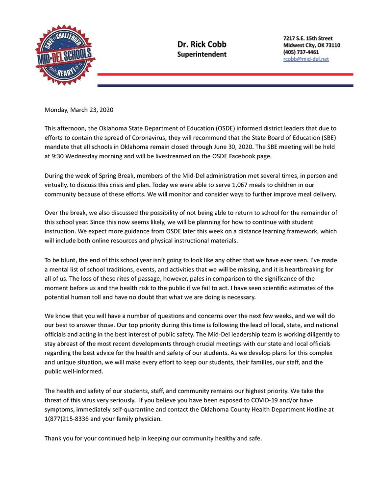 COVID-19 Update from Superintendent Cobb 3-23-2020