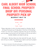 Final School Property Drop Off / Personal Pick up (May 18)